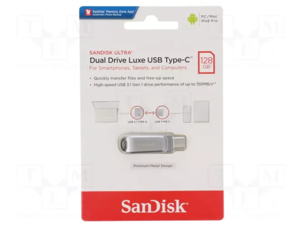 SANDISK ULTRA DUAL DRIVE LUXE 128GO - USB-C - USB 3.2 - JUSQU'À 400 MO/S - METAL DESIGNE - PC & MAC