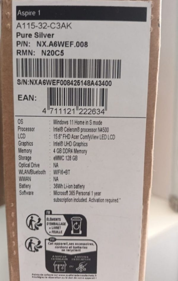 ACER ASPIRE 1 - INTEL CELERON NA4500 - 4GB DDR4 - 128GB SSD - 15.6" FHD - WIFI 6 - WIN 11 - SILVER – Image 4