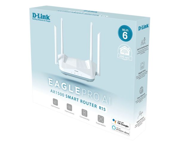 D-LINK EAGLE PRO AX1500 SMART ROUTER R15 - DUAL BAND - WI-FI 6 - AI 5GHZ - OFDMA - GOOGLE & ALEXA