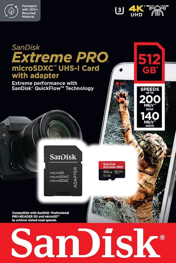 SANDISK EXTREME PRO 512GB - CARTE MÉMOIRE MSDXC UHS-I - JUSQU'À 200 MO/S - UHD 4K - AVEC ADAPTER