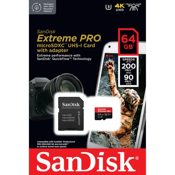 SANDISK EXTREME PRO 64GB - CARTE MÉMOIRE MSDXC UHS-I - JUSQU'À 200 MO/S - UHD 4K - AVEC ADAPTER
