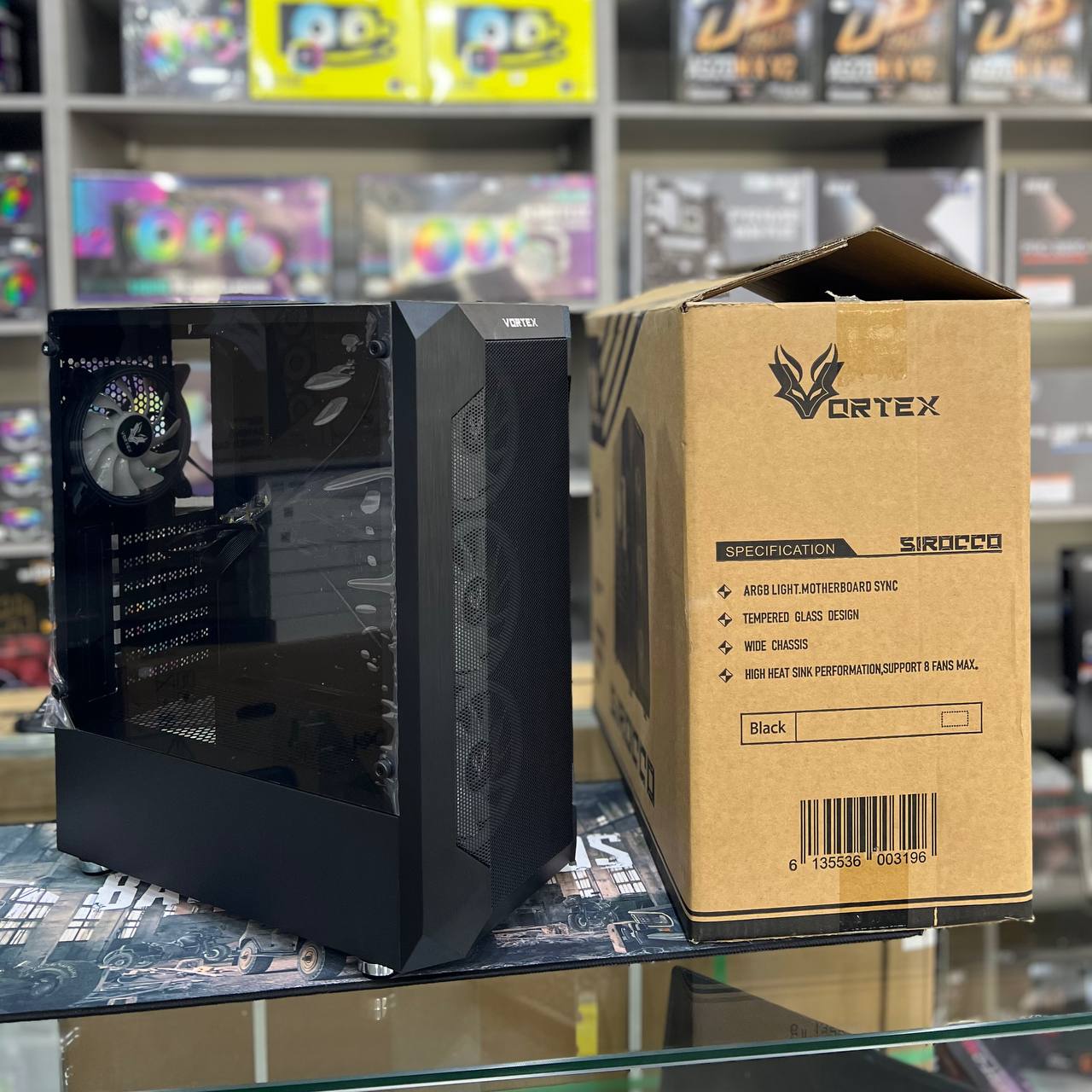 VORTEX SIROCCO - BOÎTIER MOYEN TOUR ATX - VERRE TREMPÉ - 360 mm - 4 FANS ARGB - AIRFLOW - BLACK