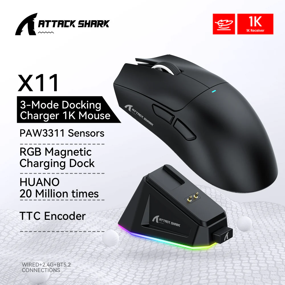 ATTACK SHARK X11 - X11-MOUSE - SOURIS FILAIRE & SANS FIL -5 BOUTONS - 22000 DPI - 1000HZ - RGB 2.4G - CHARGING DOCK -BLACK – Image 2
