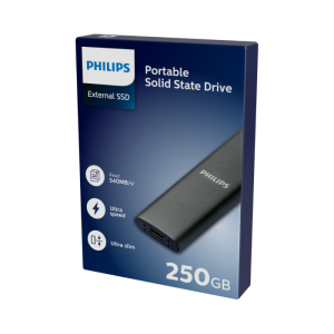 PHILIPS DISQUE DUR SSD EXTERNE 250GO - 540 MO/S - USB-A VERS USB-C - PC ET MAC - ALUMINIUM - GREY