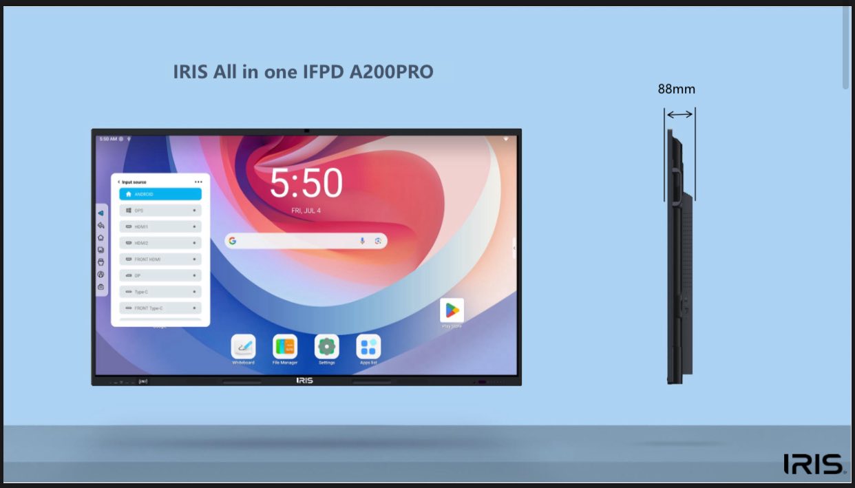 IRIS ÉCRAN INTERACTIF A200 PRO 65" - 4K UHD TACTILE - ANDROID 14 - 8GO RAM - 128GO - WI-FI 6 - BLUETOOTH - USB-C - BLACK – Image 4
