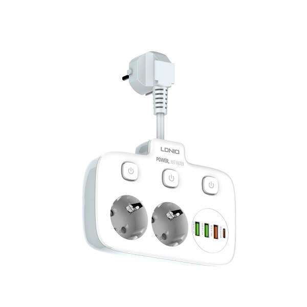 SIYOTEAM LDNIO SE2435 - MULTIPRISE 2 PRISES + 3 PORTS USB - 2500W - CHARGE RAPIDE - PROTECTION - COMPACT - WHITE – Image 3