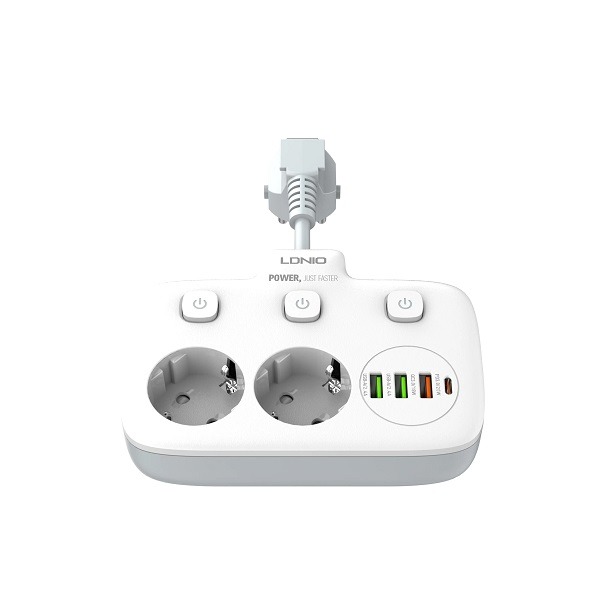 SIYOTEAM LDNIO SE2435 - MULTIPRISE 2 PRISES + 3 PORTS USB - 2500W - CHARGE RAPIDE - PROTECTION - COMPACT - WHITE